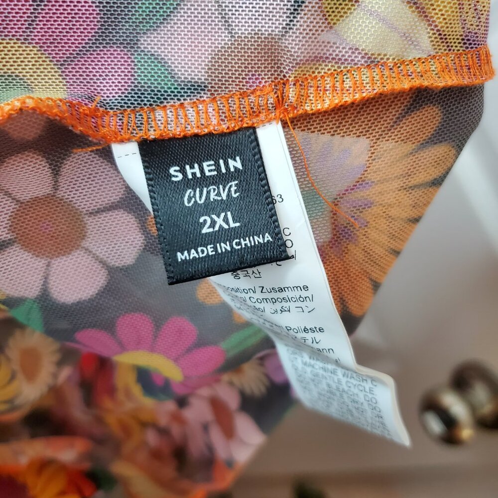 Shein Curve Floral Print Mock Neck Bell Sleeve Mesh Crop Top 2XL - Picture 4 of 5